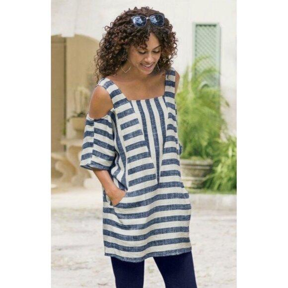 Soft Surroundings Linen Blend Cold-Shoulder Top PXL Blue White Striped Short Sl - Picture 4 of 12
